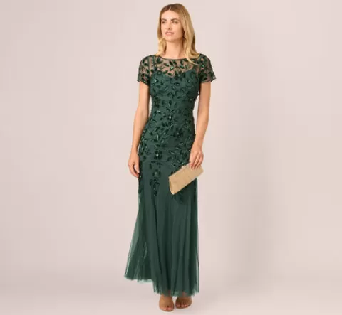 Adrianna Papell Hand Beaded Short Sleeve Floral Godet Gown In Dusty Emerald DUSTYEMERALD Outlet