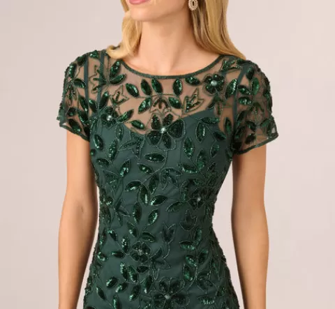 Adrianna Papell Hand Beaded Short Sleeve Floral Godet Gown In Dusty Emerald DUSTYEMERALD Outlet