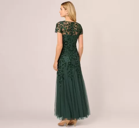 Adrianna Papell Hand Beaded Short Sleeve Floral Godet Gown In Dusty Emerald DUSTYEMERALD Outlet
