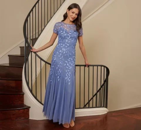 Adrianna Papell Hand Beaded Short Sleeve Floral Godet Gown In French Blue FRENCHBLUE Best Sale