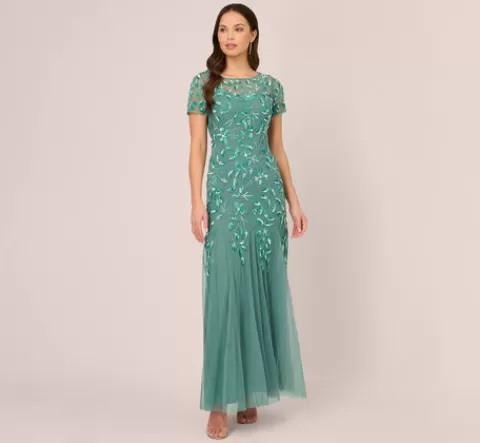Adrianna Papell Hand Beaded Short Sleeve Floral Godet Gown In Green Slate GREENSLATE Outlet