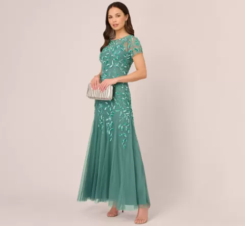 Adrianna Papell Hand Beaded Short Sleeve Floral Godet Gown In Green Slate GREENSLATE Outlet