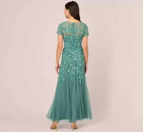 Adrianna Papell Hand Beaded Short Sleeve Floral Godet Gown In Green Slate GREENSLATE Outlet