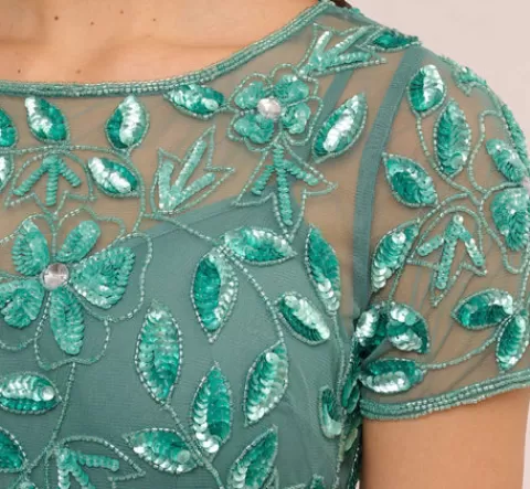 Adrianna Papell Hand Beaded Short Sleeve Floral Godet Gown In Green Slate GREENSLATE Outlet