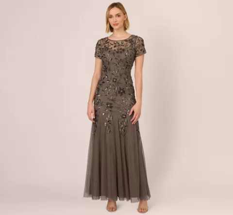 Adrianna Papell Hand Beaded Short Sleeve Floral Godet Gown In LEAD Fashion