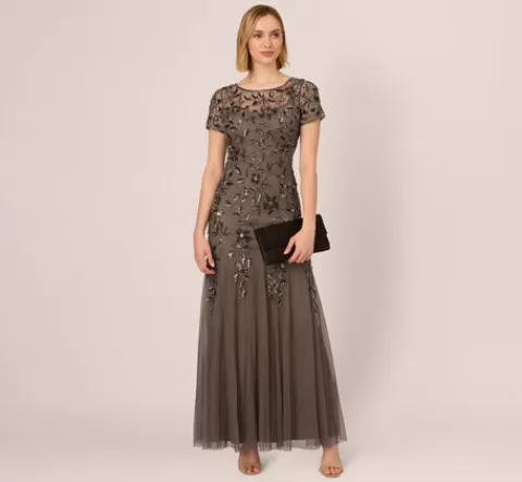 Adrianna Papell Hand Beaded Short Sleeve Floral Godet Gown In LEAD Fashion
