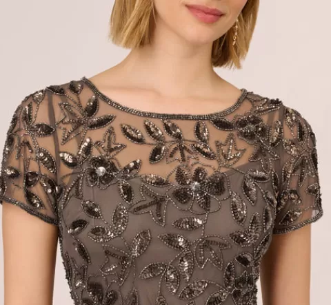 Adrianna Papell Hand Beaded Short Sleeve Floral Godet Gown In LEAD Fashion
