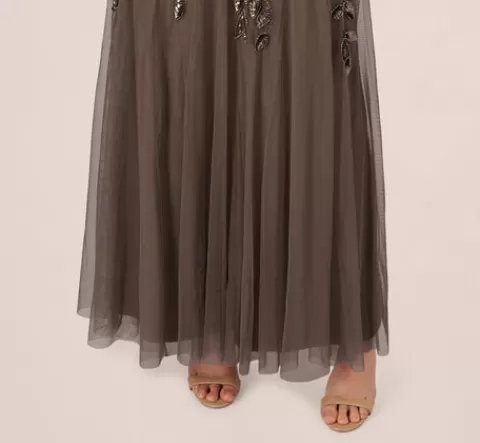 Adrianna Papell Hand Beaded Short Sleeve Floral Godet Gown In LEAD Fashion