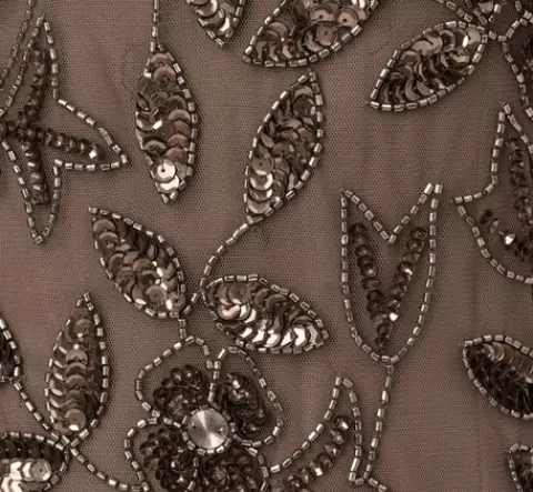Adrianna Papell Hand Beaded Short Sleeve Floral Godet Gown In LEAD Fashion
