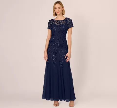 Adrianna Papell Hand Beaded Short Sleeve Floral Godet Gown In Light Navy LIGHTNAVY Flash Sale