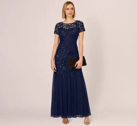 Adrianna Papell Hand Beaded Short Sleeve Floral Godet Gown In Light Navy LIGHTNAVY Flash Sale