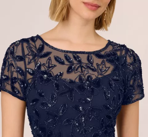 Adrianna Papell Hand Beaded Short Sleeve Floral Godet Gown In Light Navy LIGHTNAVY Flash Sale