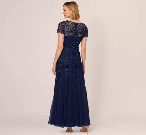 Adrianna Papell Hand Beaded Short Sleeve Floral Godet Gown In Light Navy LIGHTNAVY Flash Sale