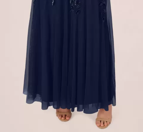 Adrianna Papell Hand Beaded Short Sleeve Floral Godet Gown In Light Navy LIGHTNAVY Flash Sale