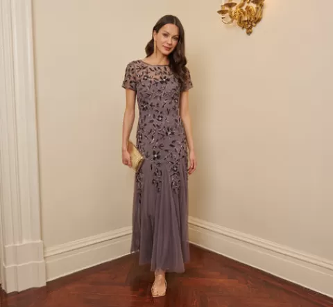 Adrianna Papell Hand Beaded Short Sleeve Floral Godet Gown In MOONSCAPE Shop