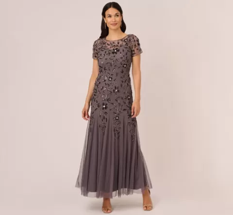 Adrianna Papell Hand Beaded Short Sleeve Floral Godet Gown In MOONSCAPE Shop