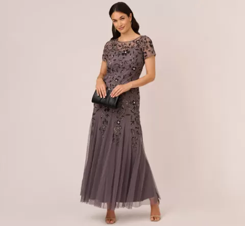 Adrianna Papell Hand Beaded Short Sleeve Floral Godet Gown In MOONSCAPE Shop