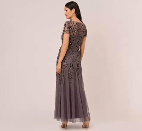 Adrianna Papell Hand Beaded Short Sleeve Floral Godet Gown In MOONSCAPE Shop