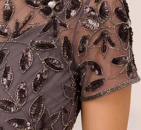 Adrianna Papell Hand Beaded Short Sleeve Floral Godet Gown In MOONSCAPE Shop