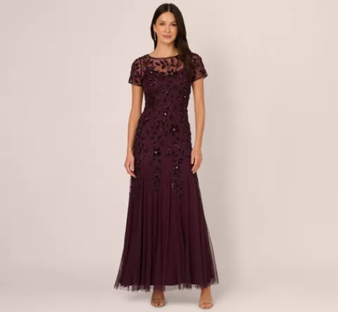 Adrianna Papell Hand Beaded Short Sleeve Floral Godet Gown In Night Plum NIGHTPLUM Store