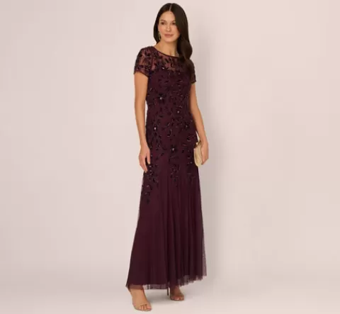 Adrianna Papell Hand Beaded Short Sleeve Floral Godet Gown In Night Plum NIGHTPLUM Store