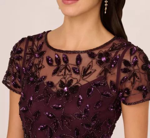Adrianna Papell Hand Beaded Short Sleeve Floral Godet Gown In Night Plum NIGHTPLUM Store