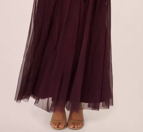 Adrianna Papell Hand Beaded Short Sleeve Floral Godet Gown In Night Plum NIGHTPLUM Store