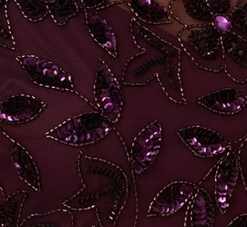 Adrianna Papell Hand Beaded Short Sleeve Floral Godet Gown In Night Plum NIGHTPLUM Store