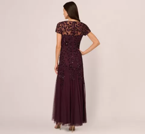 Adrianna Papell Hand Beaded Short Sleeve Floral Godet Gown In Night Plum NIGHTPLUM Store