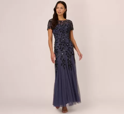 Adrianna Papell Hand Beaded Short Sleeve Floral Godet Gown In Smoky Peri SMOKYPERI Best
