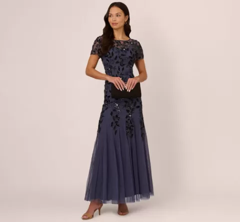 Adrianna Papell Hand Beaded Short Sleeve Floral Godet Gown In Smoky Peri SMOKYPERI Best