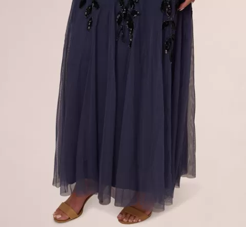 Adrianna Papell Hand Beaded Short Sleeve Floral Godet Gown In Smoky Peri SMOKYPERI Best