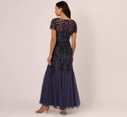 Adrianna Papell Hand Beaded Short Sleeve Floral Godet Gown In Smoky Peri SMOKYPERI Best