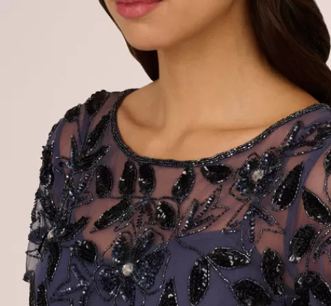 Adrianna Papell Hand Beaded Short Sleeve Floral Godet Gown In Smoky Peri SMOKYPERI Best