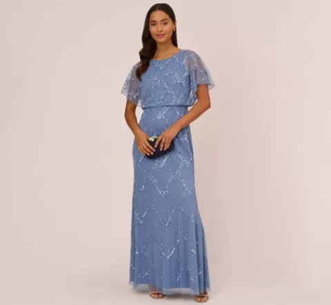 Adrianna Papell Hand-Beaded Blouson Long Gown With Flutter Sleeves In French Blue FRENCHBLUE Hot