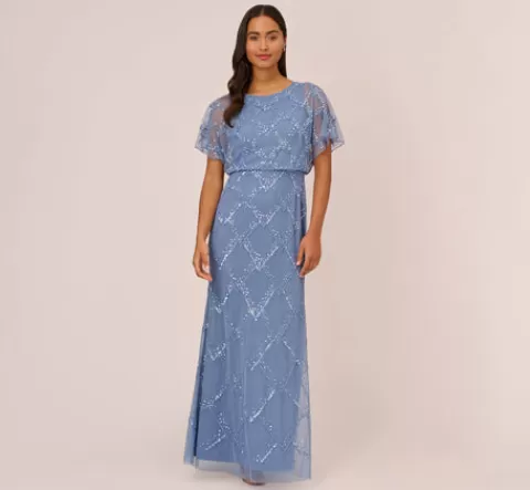 Adrianna Papell Hand-Beaded Blouson Long Gown With Flutter Sleeves In French Blue FRENCHBLUE Hot