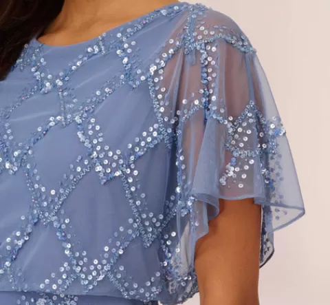 Adrianna Papell Hand-Beaded Blouson Long Gown With Flutter Sleeves In French Blue FRENCHBLUE Hot