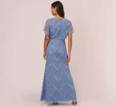 Adrianna Papell Hand-Beaded Blouson Long Gown With Flutter Sleeves In French Blue FRENCHBLUE Hot