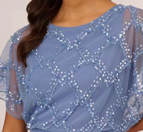 Adrianna Papell Hand-Beaded Blouson Long Gown With Flutter Sleeves In French Blue FRENCHBLUE Hot