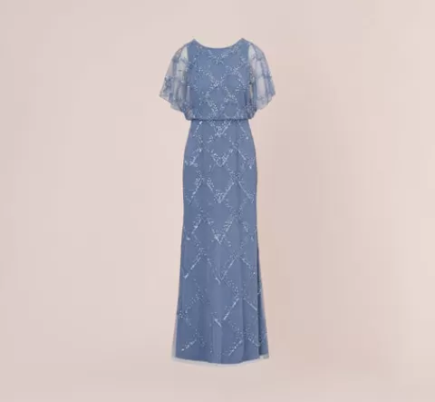 Adrianna Papell Hand-Beaded Blouson Long Gown With Flutter Sleeves In French Blue FRENCHBLUE Hot