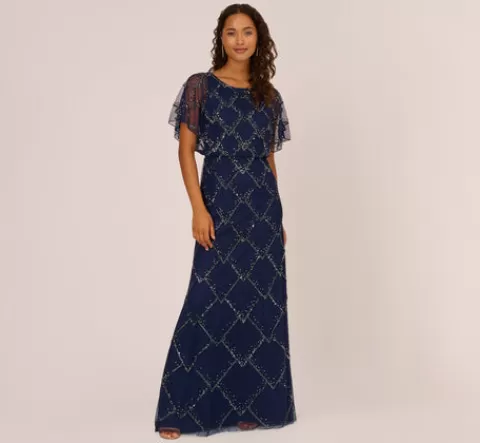 Adrianna Papell Hand-Beaded Blouson Long Gown With Flutter Sleeves In Light Navy LIGHTNAVY Best