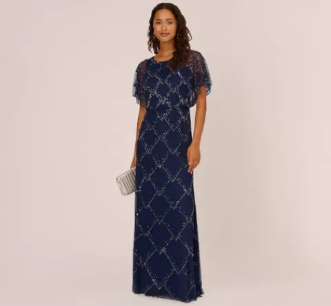 Adrianna Papell Hand-Beaded Blouson Long Gown With Flutter Sleeves In Light Navy LIGHTNAVY Best