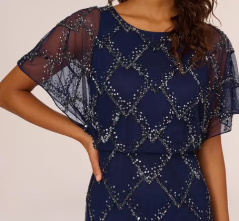 Adrianna Papell Hand-Beaded Blouson Long Gown With Flutter Sleeves In Light Navy LIGHTNAVY Best
