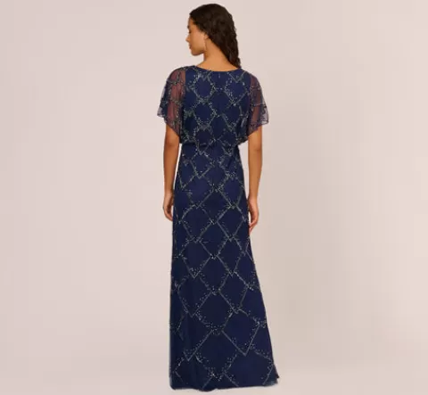 Adrianna Papell Hand-Beaded Blouson Long Gown With Flutter Sleeves In Light Navy LIGHTNAVY Best