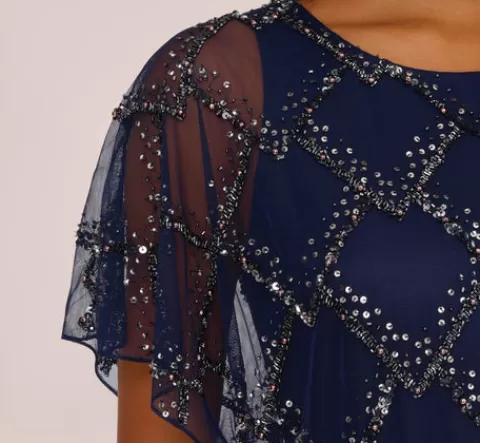 Adrianna Papell Hand-Beaded Blouson Long Gown With Flutter Sleeves In Light Navy LIGHTNAVY Best