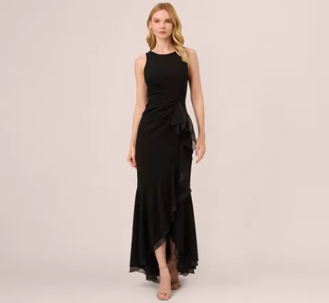 Adrianna Papell High Low Crepe Halter Gown With Organza Draping In BLACK Hot