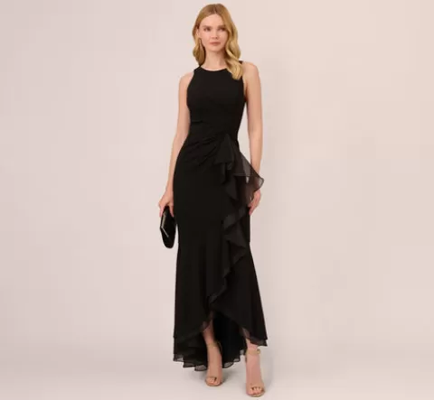 Adrianna Papell High Low Crepe Halter Gown With Organza Draping In BLACK Hot