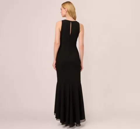 Adrianna Papell High Low Crepe Halter Gown With Organza Draping In BLACK Hot