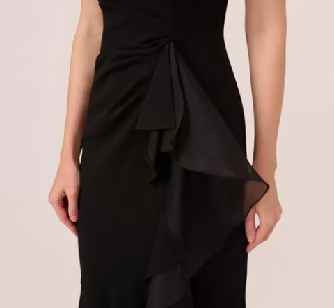 Adrianna Papell High Low Crepe Halter Gown With Organza Draping In BLACK Hot