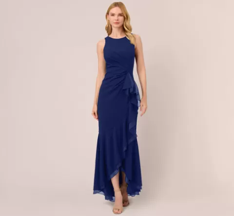 Adrianna Papell High Low Crepe Halter Gown With Organza Draping In Navy Sateen NAVYSATEEN Clearance